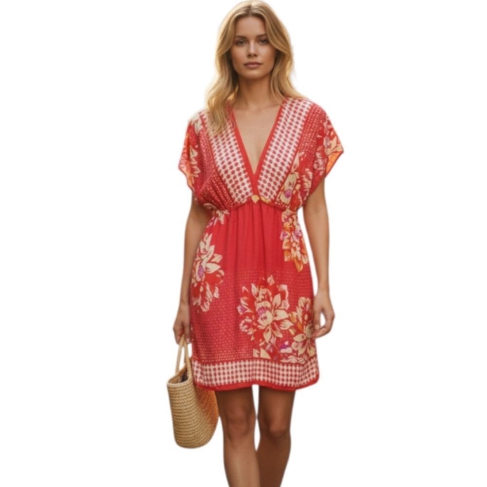 XHILARATION ORANGE/RED FLORAL KIMONO DRESS SZ.XS EUC